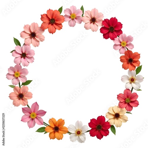 A round frame of spring flowers on a white background