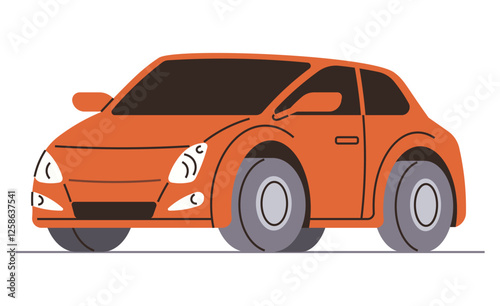 Orange compact car with sleek headlights and large tires. Ideal for transportation, automotive design, technology, travel, urban life, sustainability, and innovation themes. Flat color icon