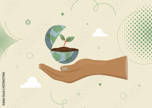 Hand Holding Split Earth with Growing Seedling Vector. hand cradling an open Earth sphere with a sprouting plant inside, decorated with Memphis-style geometric patterns. Flat style.Vector illustration