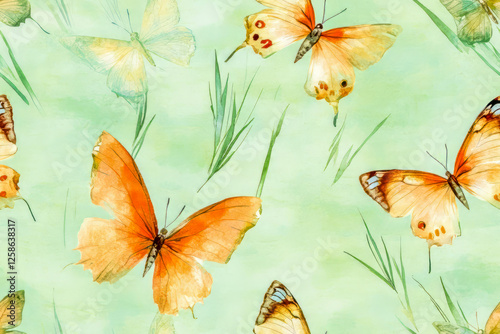 Seamless pattern of natural design with bright butterflies .
