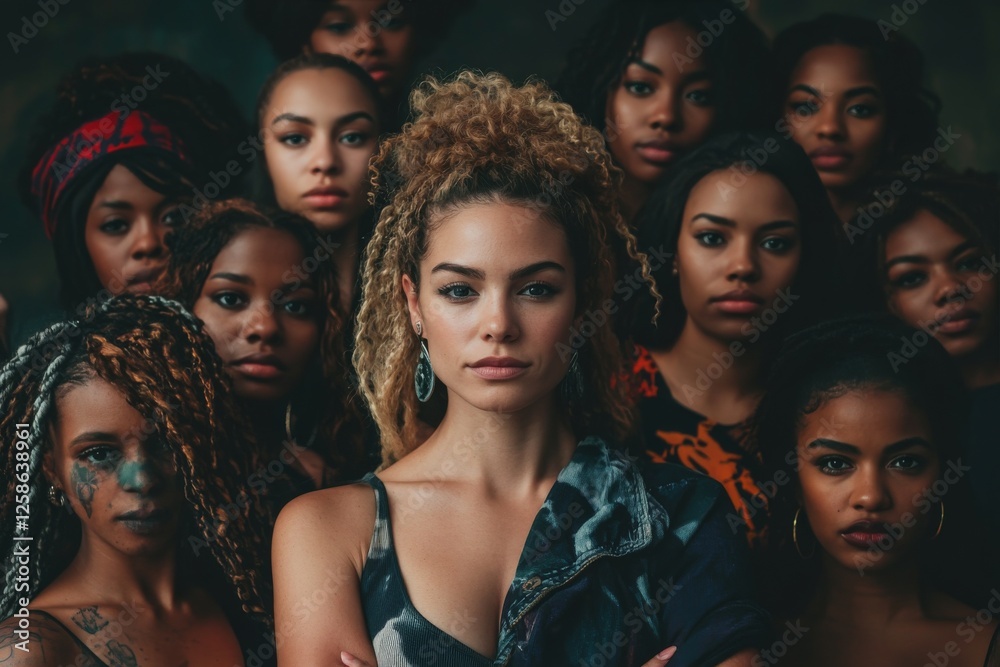 Fototapeta premium Black and white image of a woman in foreground standing amidst a group of diverse young women, all looking at camera