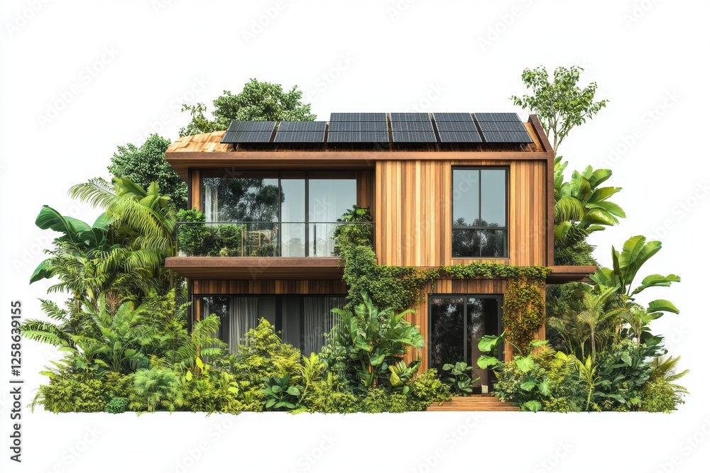 Eco-friendly solar house, lush tropical setting, architectural rendering, sustainable housing Eco-friendly solar house, lush tropical setting, architectural rendering, sustainable housing