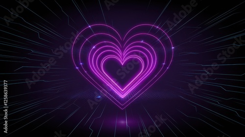 A vibrant, glowing pink heart shape radiates against a dark background, showcasing multiple layered hearts and dynamic lines creating a tech-inspired ambiance. photo