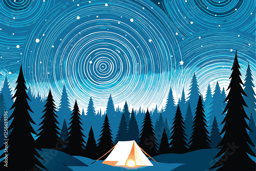 Create a vibrant vector illustration of a peaceful camping scene at night, featuring a crackling campfire, starry sky, and surrounding forest.  Include realistic details.