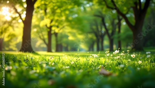 Lush green grass and trees bathed in sunlight