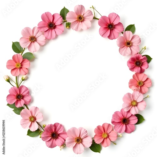 A round frame of spring flowers on a white background