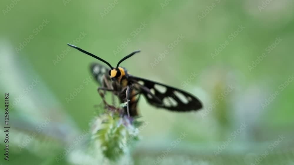 Amata huebneri is a species of moth of the genus Amata of the family Erebidae. The adult moth of this species is black with a yellow or orange band on the abdomen. Macro Amata huebneri is a species of moth of the genus Amata of the family Erebidae. The adult moth of this species is black with a yellow or orange band on the abdomen. Macro