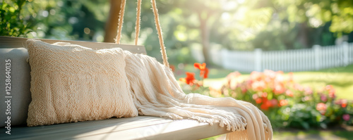 A close-up view of a rustic wooden porch swing in the garden with colorful flowers and a white picket fence. Domestic life concept.