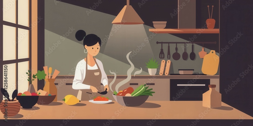 Fototapeta premium A woman is cooking in a kitchen with a bowl of food on the counter. The kitchen is well-lit and has a warm, inviting atmosphere