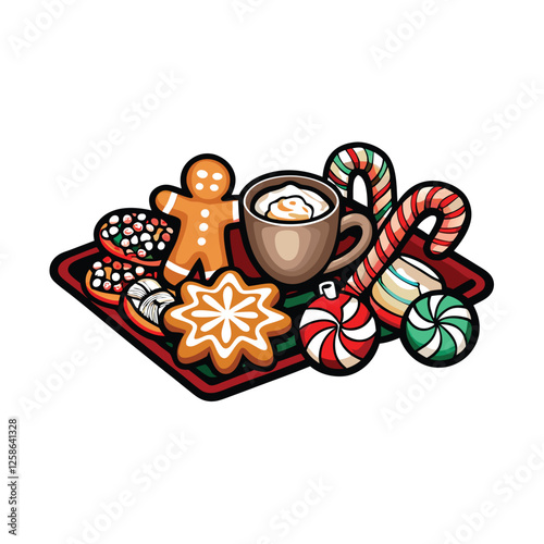 A vibrant image showcasing an assortment of delicious Christmas cookies and treats, including gingerbread men, decorated sugar cookies, and festive candies.