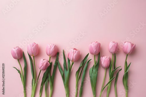 pink tulips on a white background, Pink Tulips Arranged On Light Pink Background With Copy Space