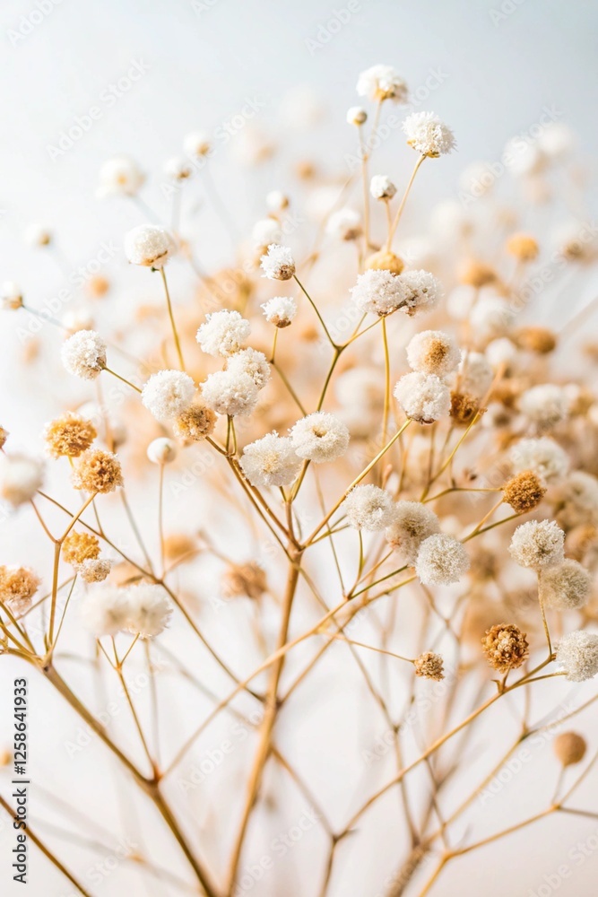 Beautiful fragile gypsophila dried flowers with white background macro Beautiful fragile gypsophila dried flowers with white background macro