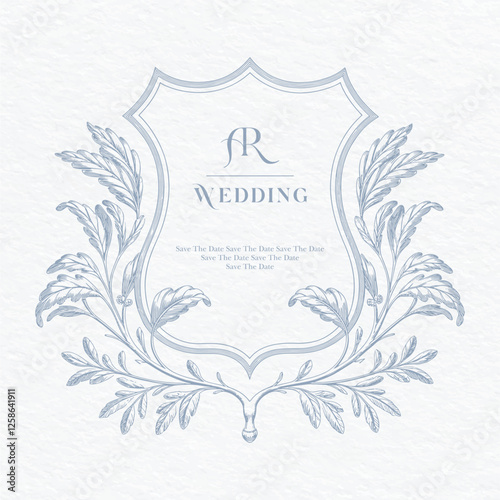 Vintage elegant wedding crest design. Hand drawn leaves frames with flowers monogram. AR initial wedding monogram crest.