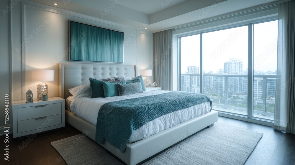 Modern Luxury Bedroom with City View and Teal Accents