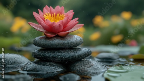 Pink lotus on stones, tranquil pond, garden background