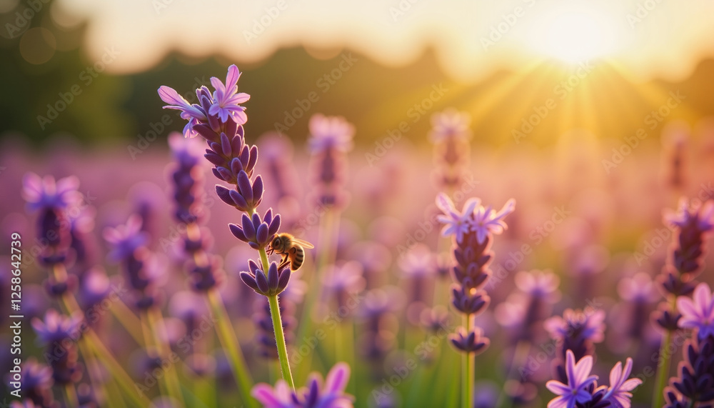 Fototapeta premium Bee pollinating lavender flowers at sunset, nature's harmony