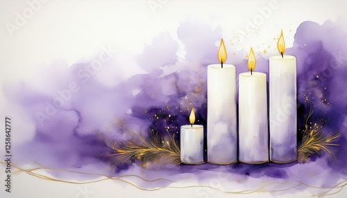 A watercolor painting shows advent candles glowing warmly against a purple and gold background