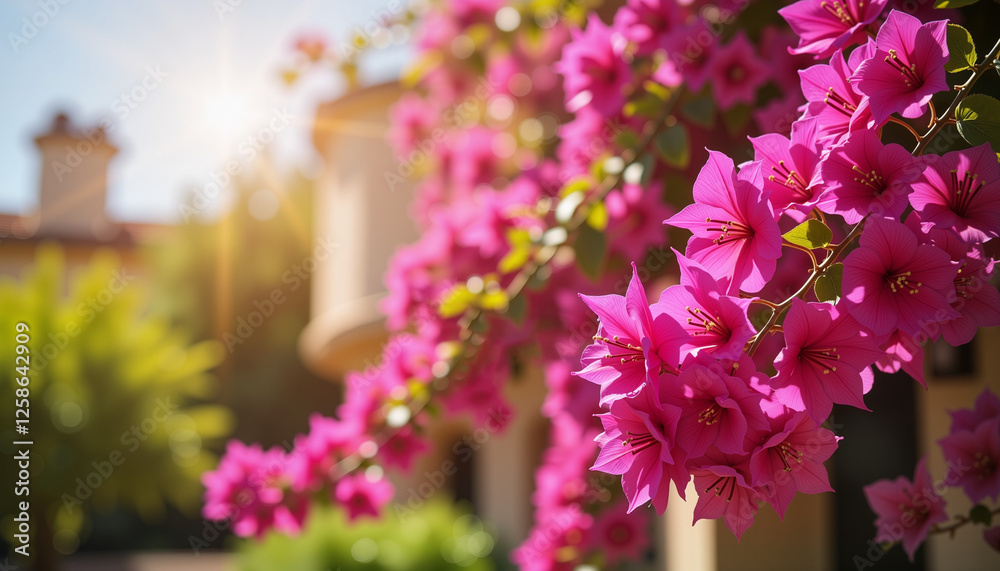 Obraz premium Vibrant pink bougainvillea flowers blooming in sunny garden, beauty