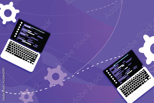 Abstract vector background depicting coding and programming concepts, featuring a laptop screen with code snippets and digital elements.