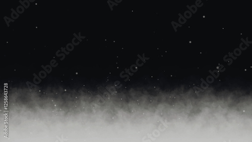 Realistic smoke, fog, vapor, steam cloud background with particles flying up. White smoke slowly floating through space on a dark background. Vector illustration.