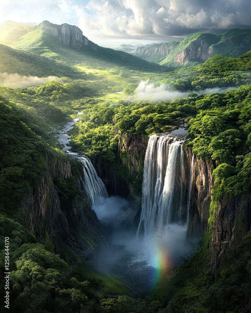 Fototapeta premium Vibrant waterfall amidst lush green mountains.