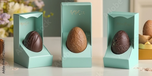 Three exquisite chocolate eggs are elegantly arranged inside a blue box, resting on a polished table, showcasing a delightful treat.