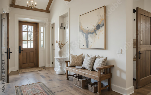 Home Rustic entryway with wooden bench, neutral decor, textured cushion, and abstract art in a warm, Farmhouse, rustic interior design of modern hall