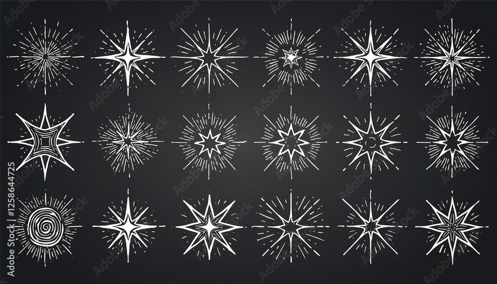 Line star glitter shine of doodle set. Star shine glow, spark glitter, sparkle light perfect any project. Hand drawn sketch doodle style..