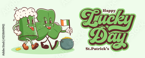 Saint Patrick Day Groovy Beer Tankard and Shamrock Retro Characters Banner. Cartoon Green Ale Mug with Clover Trefoil. Vector Irish Spring Holiday Mascot Template. Happy Vintage Illustration. Isolated