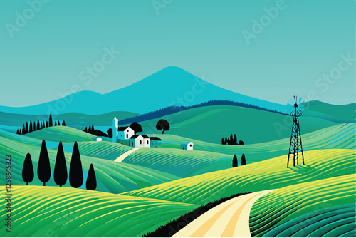 Vibrant vector illustration of idyllic rolling green hills in a sun-drenched countryside landscape. Perfect for idyllic background designs.