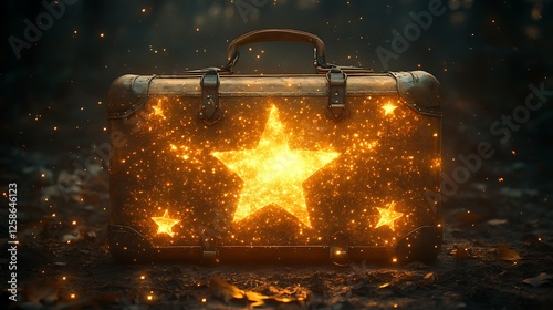 Tattered luggage glowing with enchantment and celestial stars