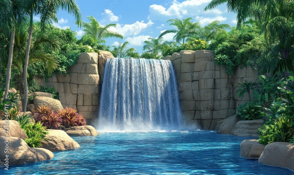 Naklejka premium Tropical Waterfall Paradise Lush greenery surrounds a cascading waterfall into a tranquil pool. Perfect for travel brochures