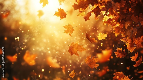 A stunning display of autumn leaves falling gracefully with golden sunlight filtering through, creating a magical and serene atmosphere in nature.