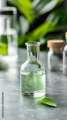 Clear glass bottle containing green liquid on a marble surface with blurred foliage in the background during daylight hours