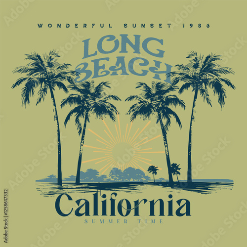 long beach california summer time, summer beach sunshine vector print design artwork, take me to the sunshine, Beach Paradise Print T-shirt Graphics Design, typography slogan on palm trees background