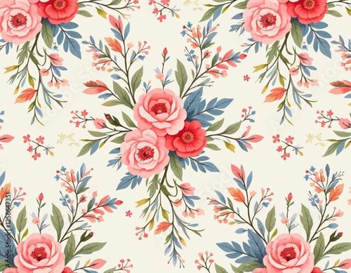a delicate floral illustration featuring roses and leaves in an intricate pattern, showcasing timeless botanical beauty and elegant design for artistic or decorative purposes