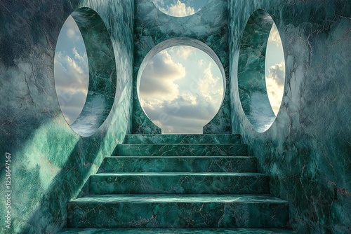 Emerald Green Marble Staircase Leading to a Cloudy Sky Through Circular Openings