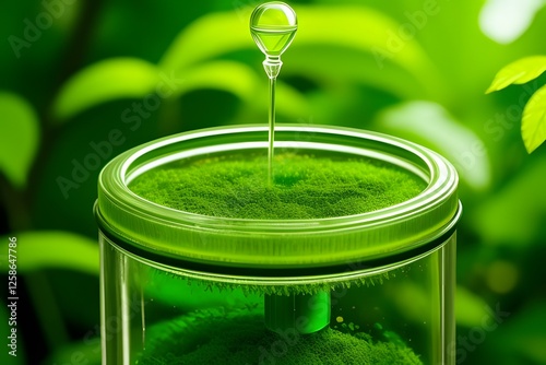 test tube with green plants. Green Plant Essence in Glass Bottles, Natural, Botanical, Herbal, Organic. plant in a glass.Green businesses avoid chemicals that are harmful to the environment. symbolize
