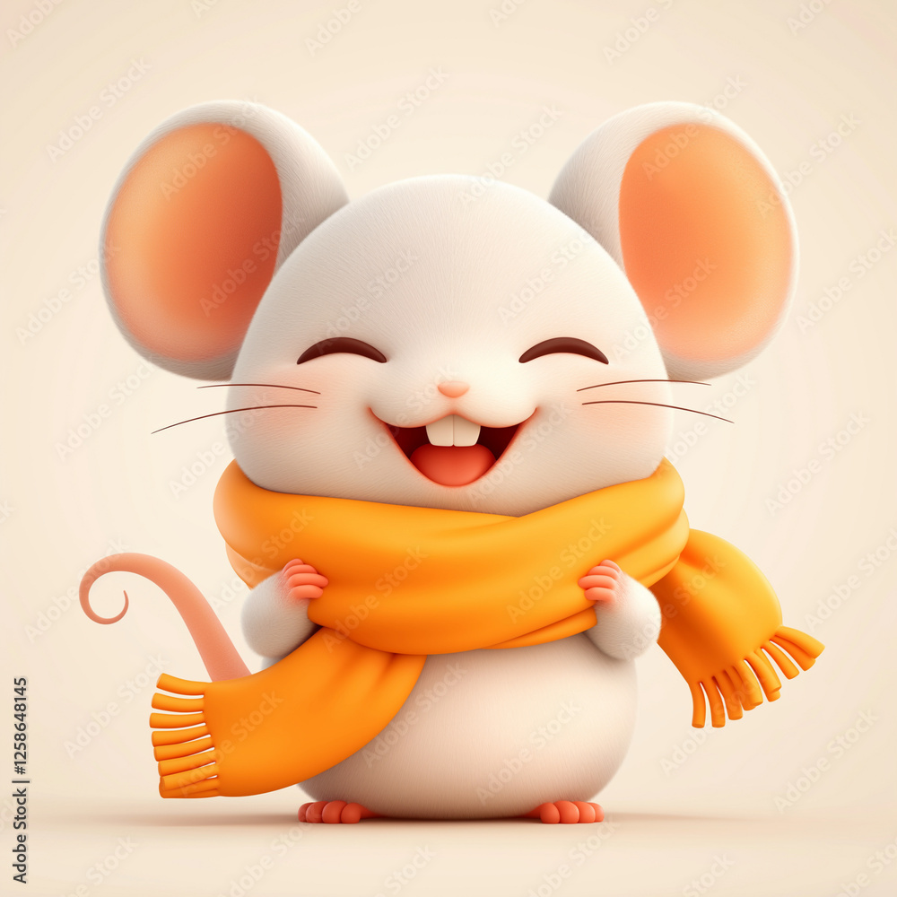 Naklejka premium Cute happy beautiful white mouse in orange scarf on light background, 3d illustration 