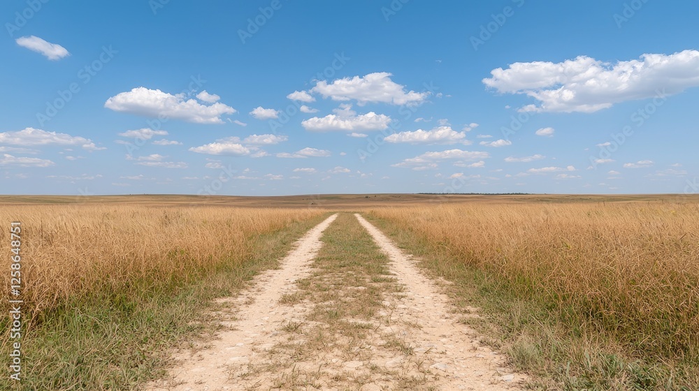Empty dirt road through golden prairie under a blue sky. Possible use Stock photo for travel, nature, landscapes Empty dirt road through golden prairie under a blue sky. Possible use Stock photo for travel, nature, landscapes