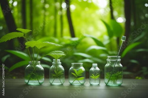 test tube with green plants. Green Plant Essence in Glass Bottles, Natural, Botanical, Herbal, Organic. plant in a glass.Green businesses avoid chemicals that are harmful to the environment. symbolize
