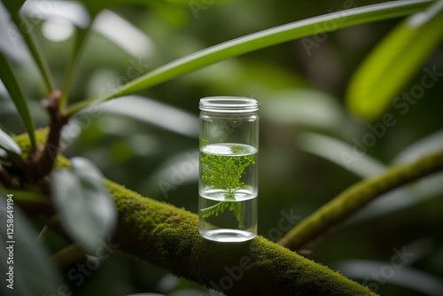 test tube with green plants. Green Plant Essence in Glass Bottles, Natural, Botanical, Herbal, Organic. plant in a glass.Green businesses avoid chemicals that are harmful to the environment. symbolize