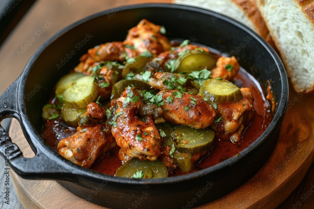Savory chicken dish served in a cast iron pan with pickles and fresh herbs on a wooden table Savory chicken dish served in a cast iron pan with pickles and fresh herbs on a wooden table