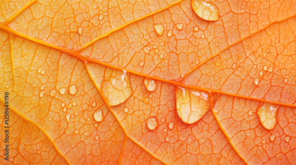 Obraz premium Close-up of vibrant orange leaf with dew drops and intricate veins