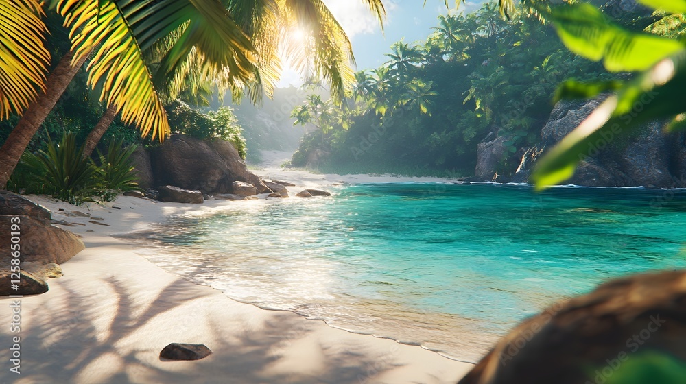 Fototapeta premium Stunning tropical beach with crystal clear turquoise waters and swaying palm trees