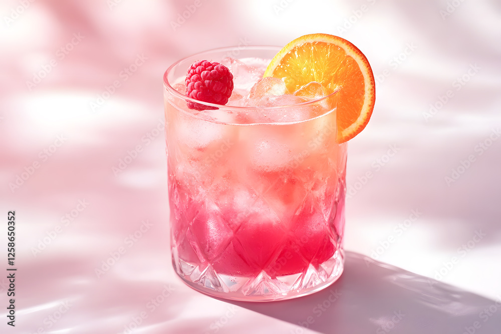 Pink Cocktail with Orange and Raspberry Garnish in Glass Pink Cocktail with Orange and Raspberry Garnish in Glass