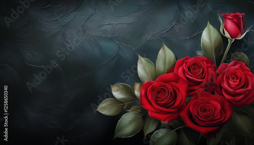a darkish background with three red roses one rose bud and green leaves the background has a painted texture