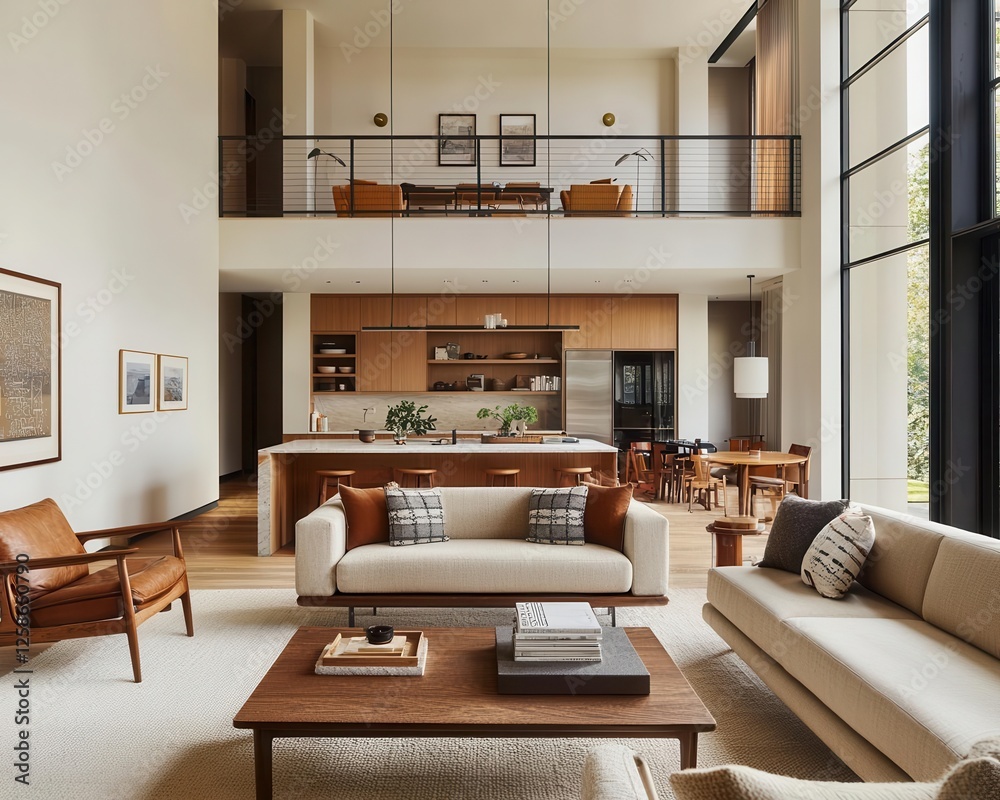 Fototapeta premium Midcentury modern twostory living space with vintage furniture, retro patterns, and warm lighting