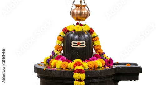 offering puja to Shivlinga or Shivlingam, Jalabhishek Rudrabhishek of Lord Shiva, with water, milk, Ganges water, Hindu religion festival maha shivratri concept, cutout in transparent background, png 