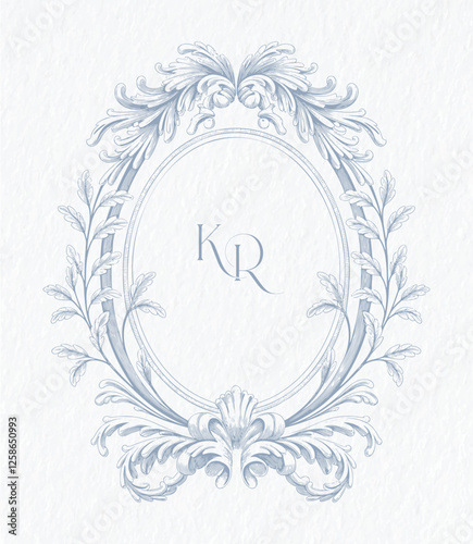 Vintage elegant wedding crest design. Hand drawn leaves frames Baroque style monogram. KR initial wedding monogram crest.
